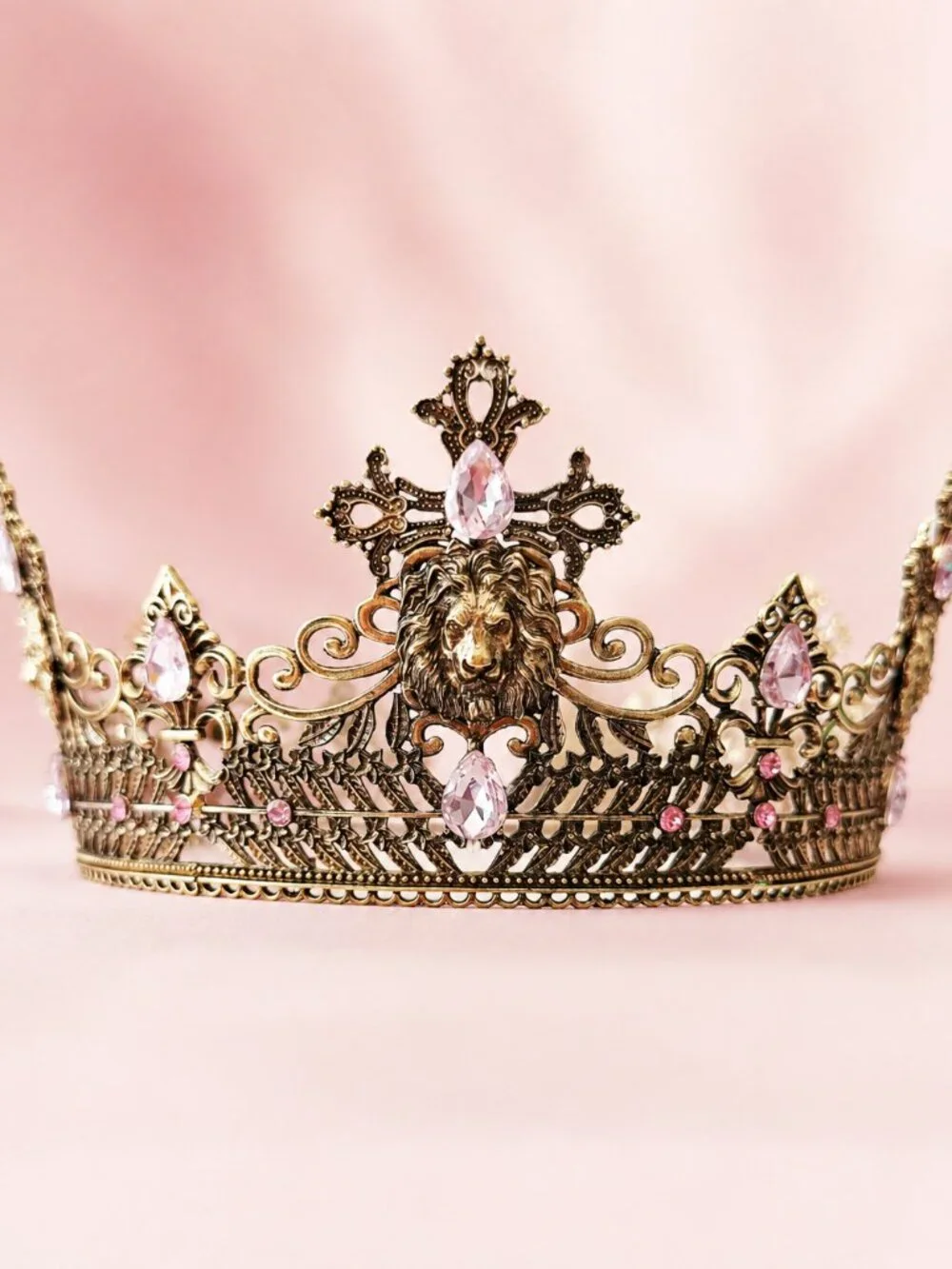 Vintage Style Gold Lion Crown with Pink Crystals, Royal King Queen Headpiece